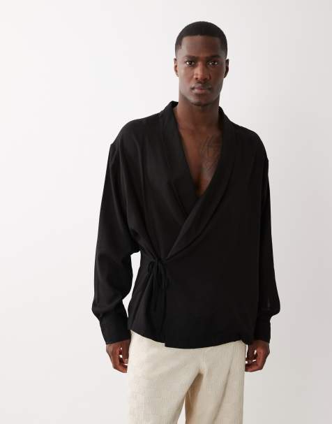 ASOS DESIGN oversized wrap tie shirt with linen look in black - view 1