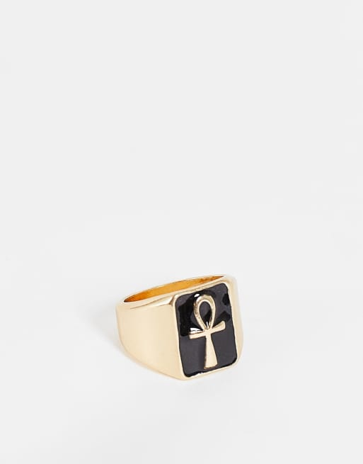 ASOS DESIGN - Oversized zegelring met ankh en zwart emaille in goudkleur