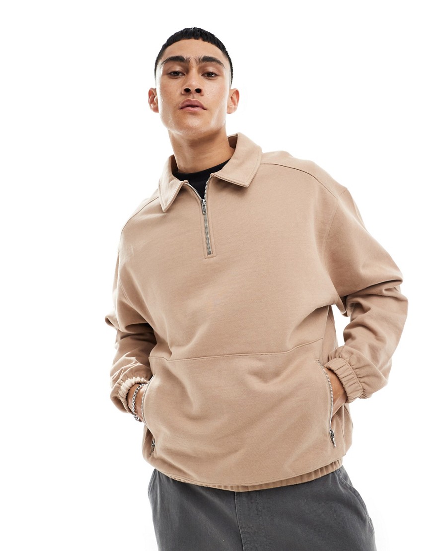 ASOS DESIGN oversized zip collar sweater in beige-Neutral