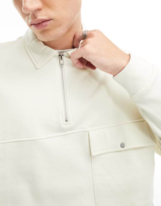 ASOS DESIGN oversized zip polo sweatshirt with pocket in beige