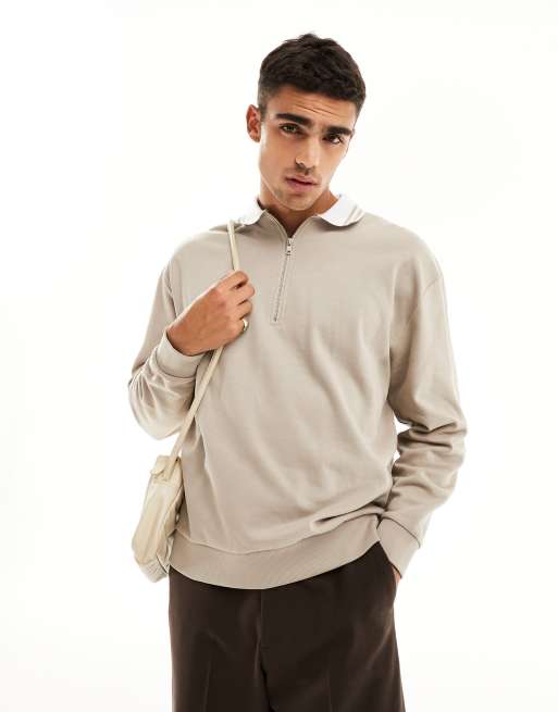 ASOS DESIGN oversized half zip sweatshirt in beige - BEIGE