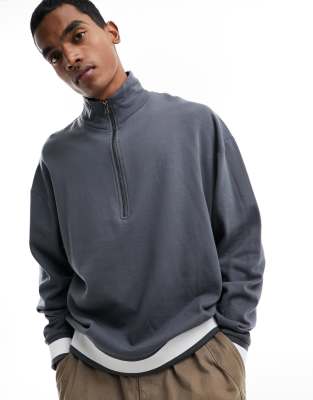 Asos Design Oversized Zip Polo Sweatshirt With Tipping In Gray