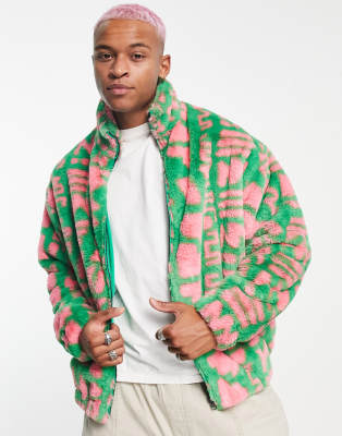 ASOS DESIGN oversized zip through faux fur jacket in pink and green all over print