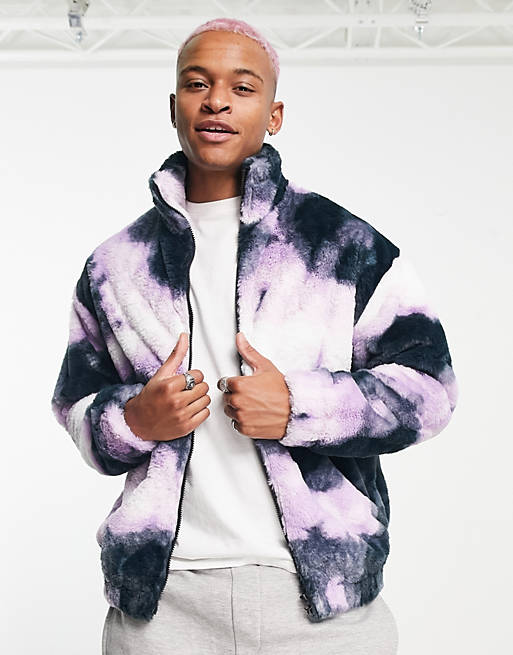 ASOS DESIGN oversized zip through faux fur jacket with purple tie dye wash