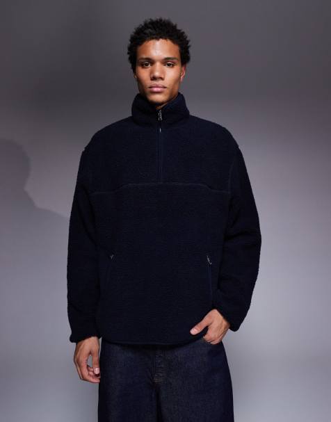ASOS DESIGN oversized zip through funnel neck borg sweatshirt in navy - view 1
