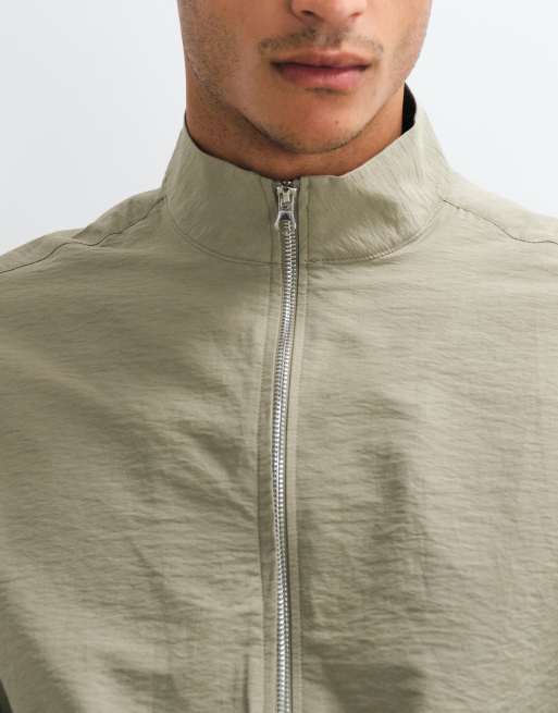 ASOS DESIGN oversized zip through funnel neck jacket in stone, 3 of 5