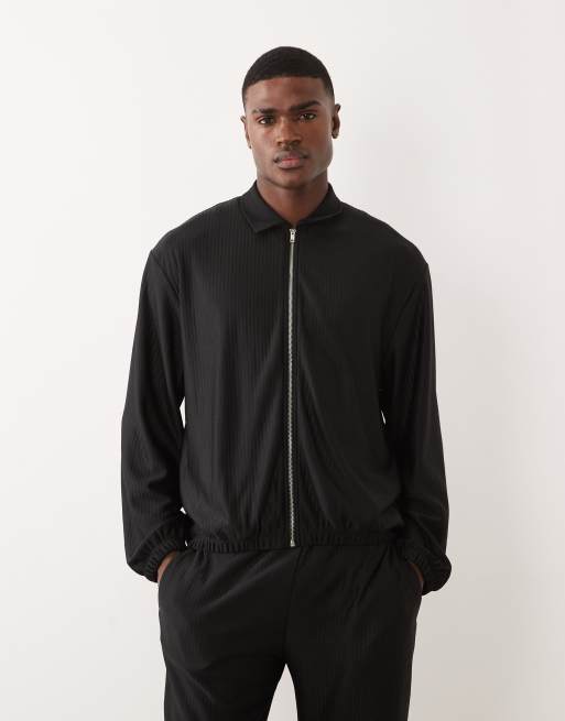 ASOS DESIGN oversized zip through Harrington jacket and slim fit sweatpants set in black rib, 2 of 3