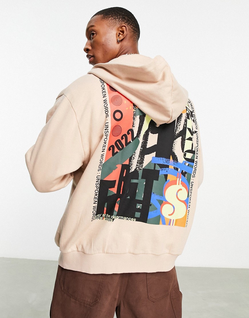 ASOS DESIGN oversized zip through hoodie in beige with art poster back print-Neutral