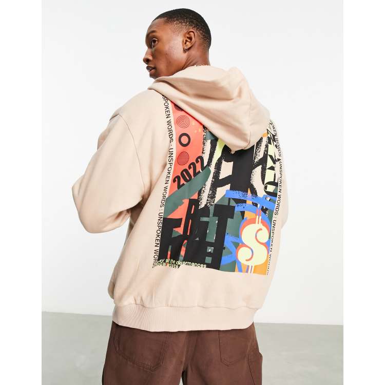 ASOS DESIGN oversized zip through hoodie in beige with art poster