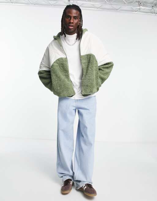 ASOS DESIGN oversized zip through hoodie in colour block nylon & borg