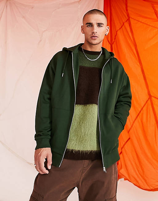ASOS DESIGN oversized zip through hoodie in dark green | ASOS