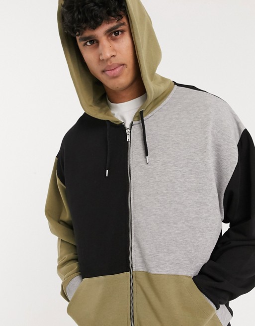 ASOS DESIGN oversized zip through hoodie in khaki & black colour blocking