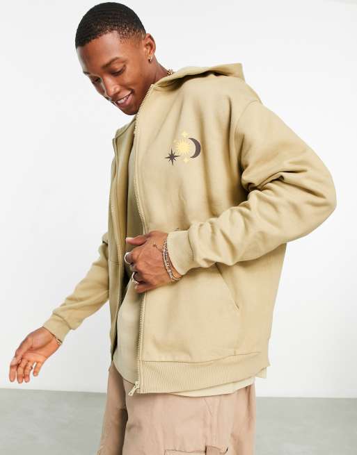 ASOS DESIGN oversized zip through hoodie in khaki with celestial