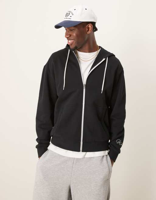 ASOS DESIGN oversized zip through  hoodie with chest and back print in black
