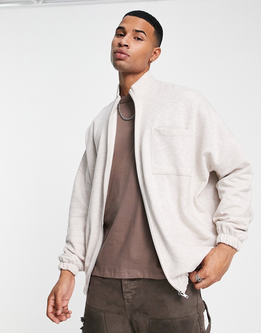 ASOS DESIGN oversized zip through jacket in beige-Neutral