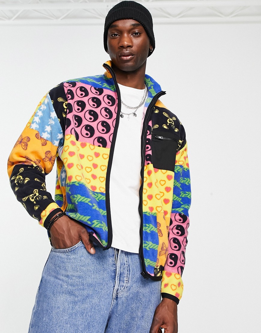 ASOS DESIGN oversized zip through jacket in polar fleece with all over print-Multi