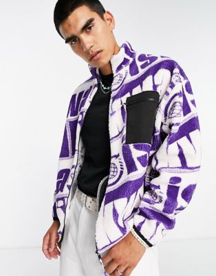 ASOS DESIGN oversized zip through jacket in purple borg with all over text print | ASOS
