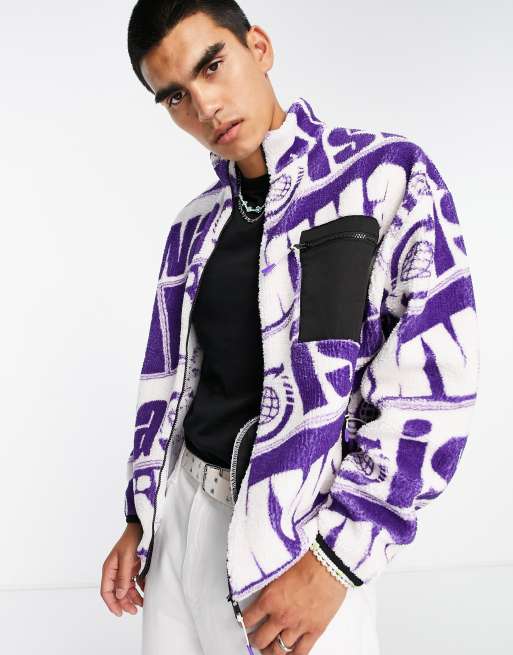 ASOS DESIGN oversized zip through jacket in purple borg with all over text print