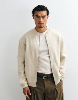 Asos Design Oversized Zip Through Jacket With Jersey Bomber Neck In Neutral