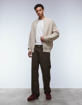 Asos Design Oversized Zip Through Knit Funnel Neck Cardigan In Neutral