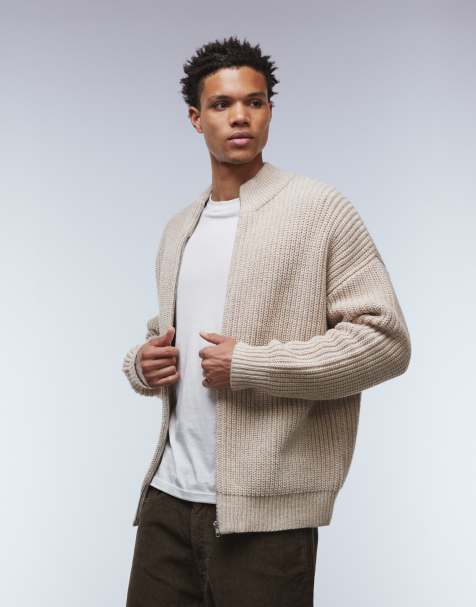 ASOS DESIGN oversized zip through knitted funnel neck cardigan in beige marl - view 1