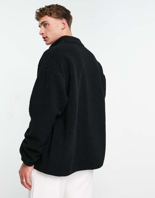 ASOS DESIGN oversized zip through track jacket in black borg