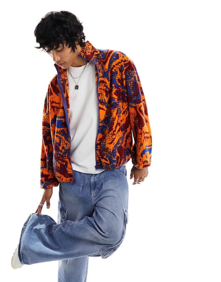 ASOS DESIGN oversized zip through track jacket with red/blue marble all over print in polar fleece-M