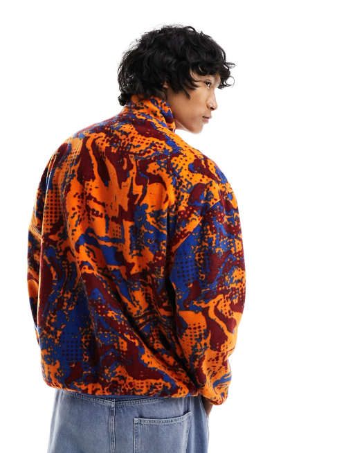 ASOS DESIGN oversized zip through track jacket with red/blue marble all  over print in polar fleece