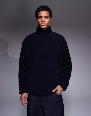 Asos Design Oversized Zip Up Funnel Neck Teddy Sweatshirt In Black