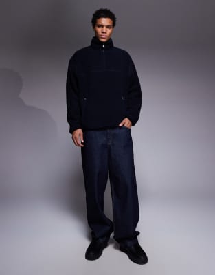 Asos Design Oversized Zip Up Funnel Neck Teddy Sweatshirt In Black