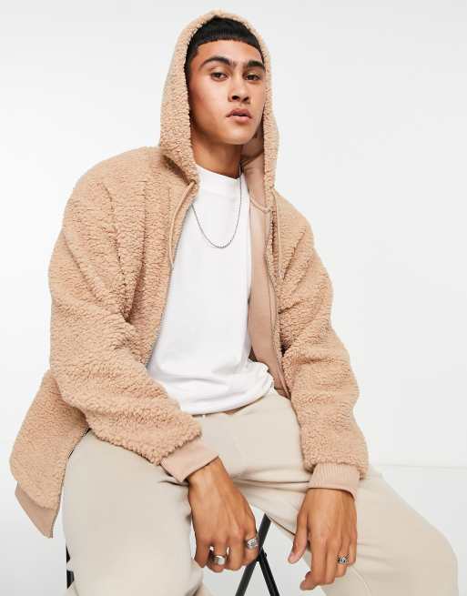 Oversized teddy hoodie with pockets - beige