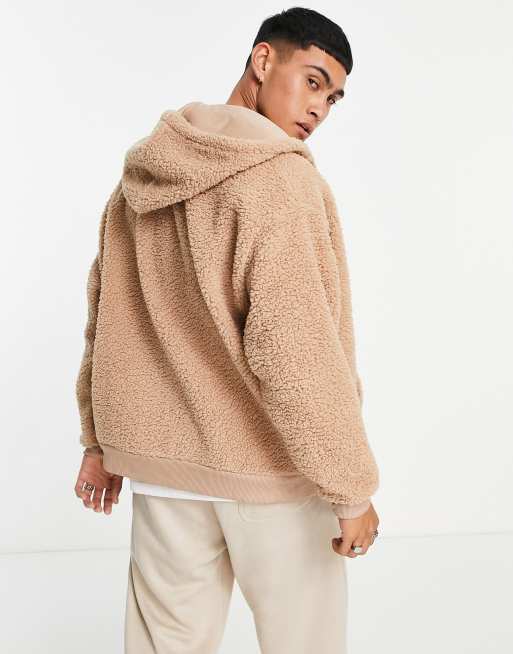 ASOS DESIGN oversized zip up hoodie in beige teddy borg