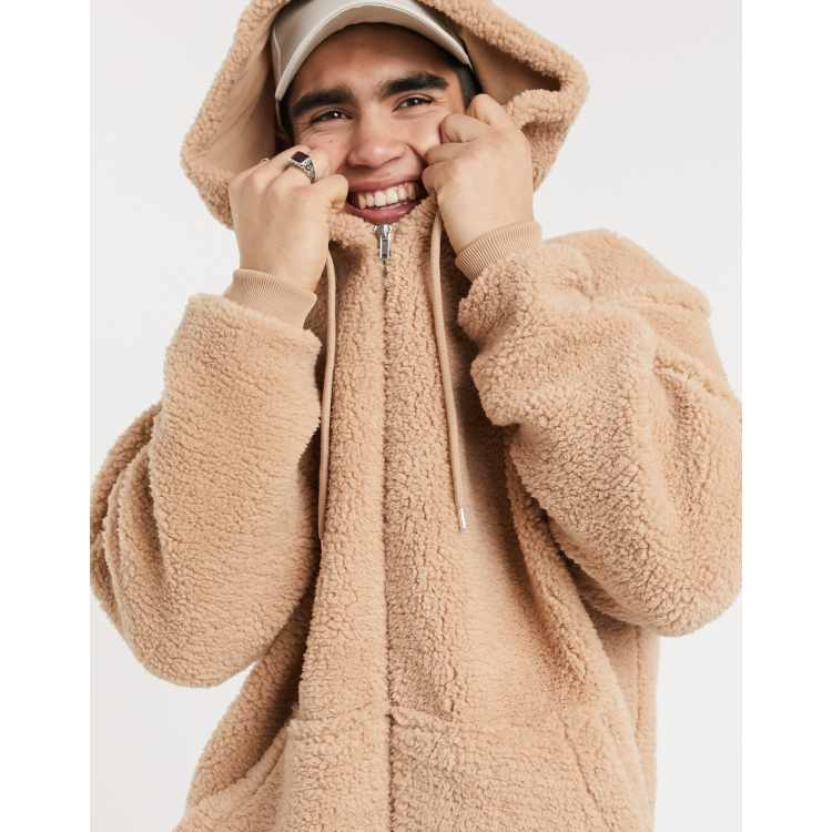 ASOS DESIGN oversized zip up hoodie in beige teddy borg ASOS