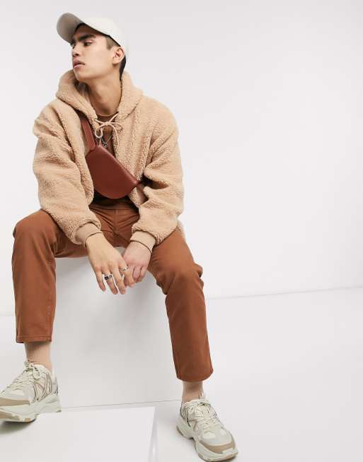 Oversized zip up borg hot sale teddy trucker jacket beige