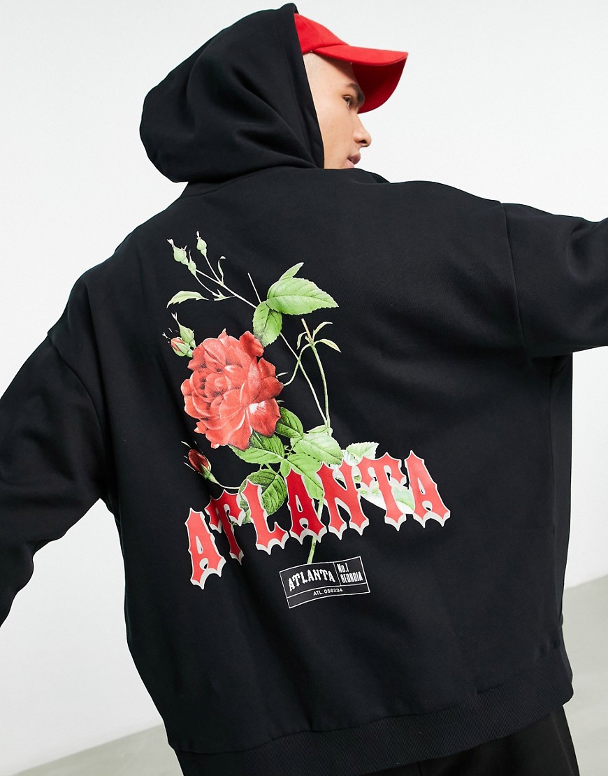 ASOS DESIGN oversized zip up hoodie in black with rose back print and gothic text