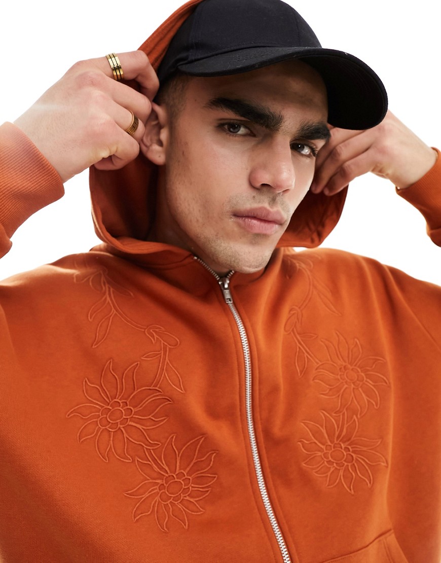 Asos Design Oversized Zip Up Hoodie In Brown With Floral Embroidery