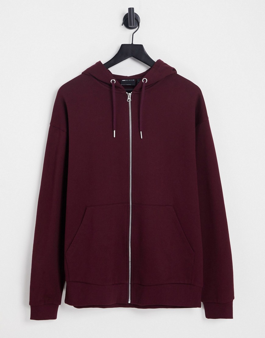 ASOS DESIGN oversized zip up hoodie in burgundy-Red