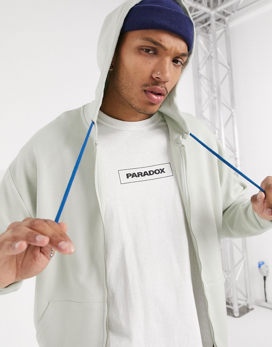 ASOS DESIGN oversized zip up hoodie in light grey with blue drawcords