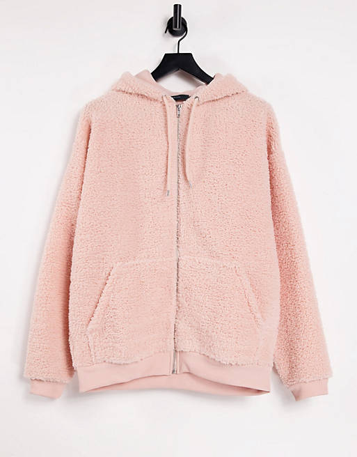  oversized zip up hoodie in pink teddy borg 