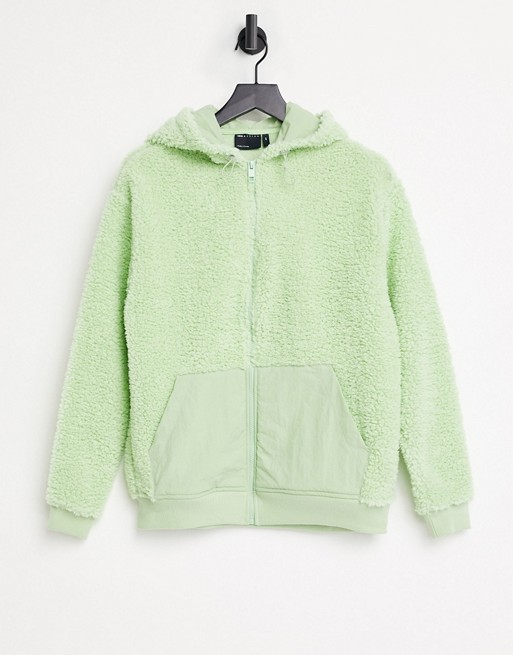 ASOS DESIGN oversized zip up hoodie in teddy with nylon panels in mint
