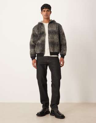 Asos Design Oversized Zip-up Hoodie With Snake Jacquard Print In Gray