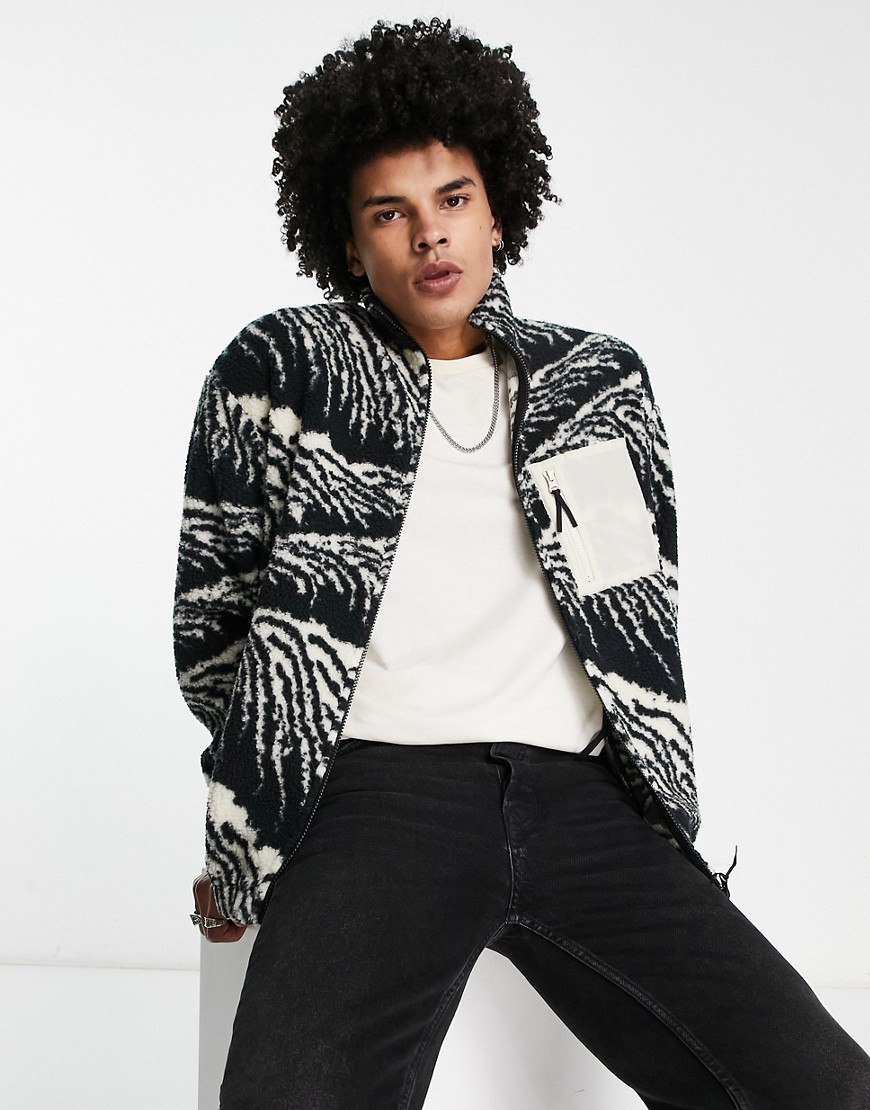 ASOS DESIGN oversized zip up jacket in black teddy with all over print-Multi
