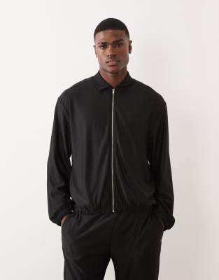 Asos Design Oversized Zip Up Ribbed Harrington Jacket In Black