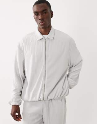 Asos Design Oversized Zip Up Ribbed Harrington Jacket In Gray