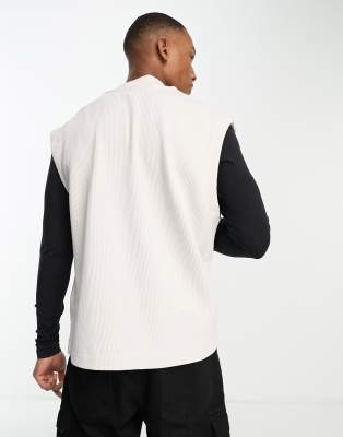 Asos Design Oversized Zip Up Ribbed Vest In Neutral