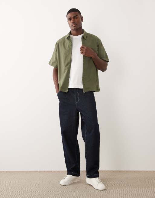ASOS DESIGN oversized zip up shirt in khaki, 4 of 5