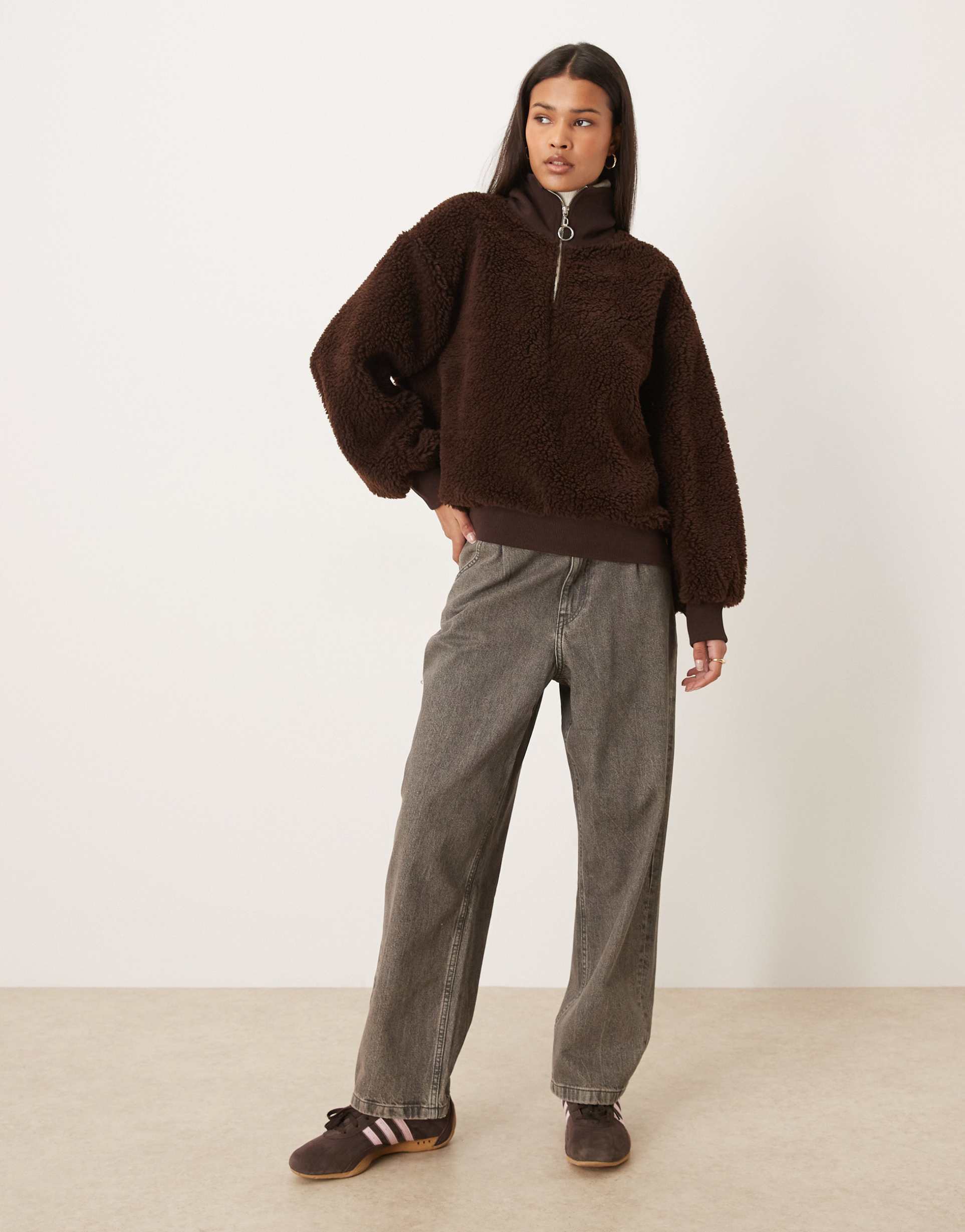 asos design oversized zip up teddy top with high neck in chocolate brown