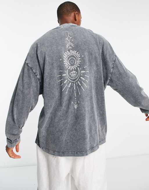 ASOS DESIGN - Oversized zwaargewicht T-shirt met lange mouwen in zwart met wassing en print over de ruggengraat op de achterkant