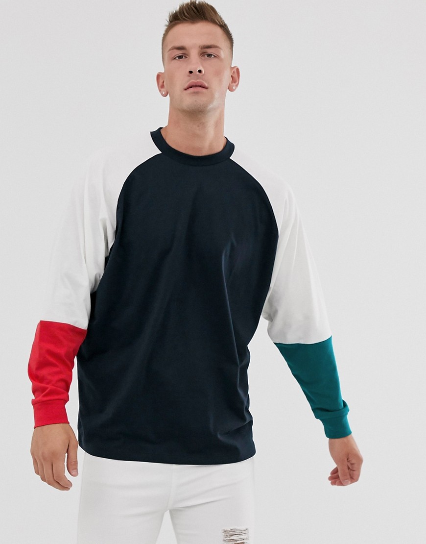 ASOS DESIGN oversized marinblå langærmet t-shirt med kontrastærmer-Marineblå