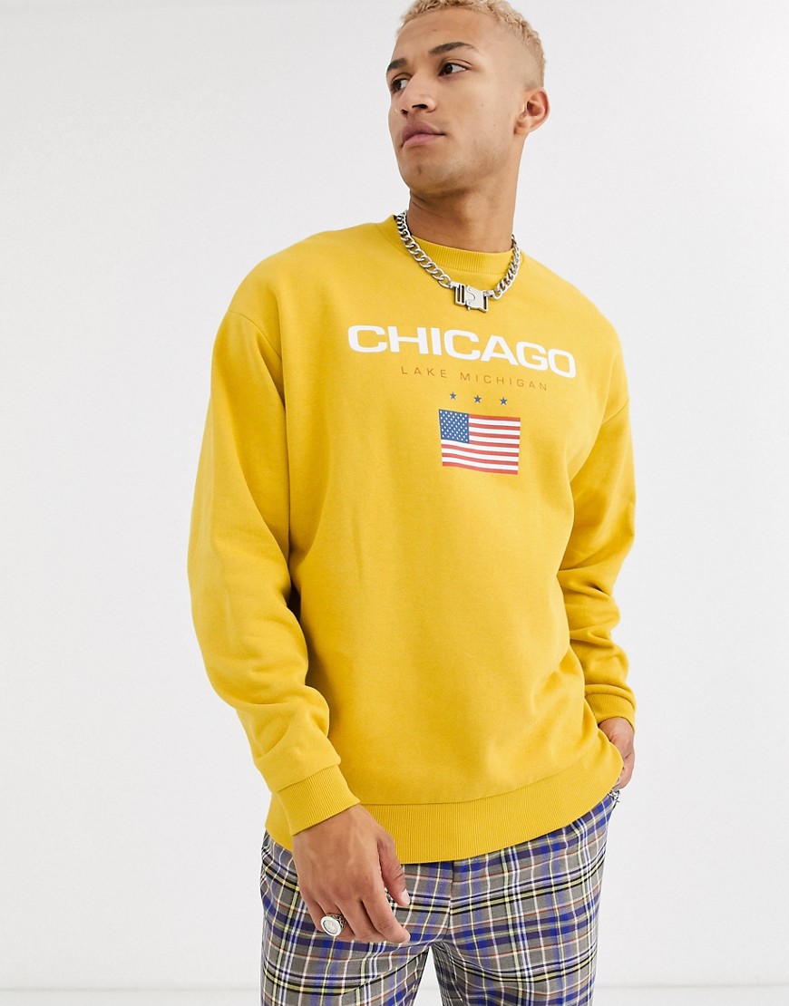 ASOS DESIGN - Oversized sennepsfarvet sweatshirt med Chicago-print-Gul